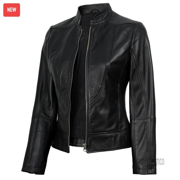 Lambskin Leather Cafe Racer Jacket Women's Premium Fit All Seasons